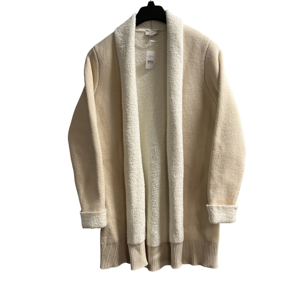 Loft Sweater Womens L Ivory Whited Fleeced Lined Open Front Cardigan Long Lounge - Picture 1 of 8